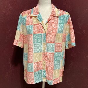 Donnkenny Size Petite L Multicolor Patchwork Style Square Floral Blouse Top